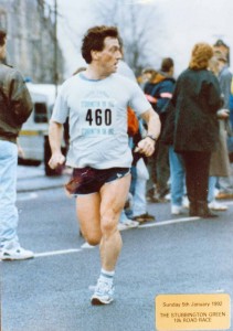 Finishing the Stubbington 10k road race, January 1992. The course originally went around the airfield and golf course before heading back to Stubbington