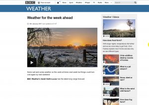 Screen shot of my photograph of the sunrise over Titchfield Haven used by the BBC 'weather for the week ahead'